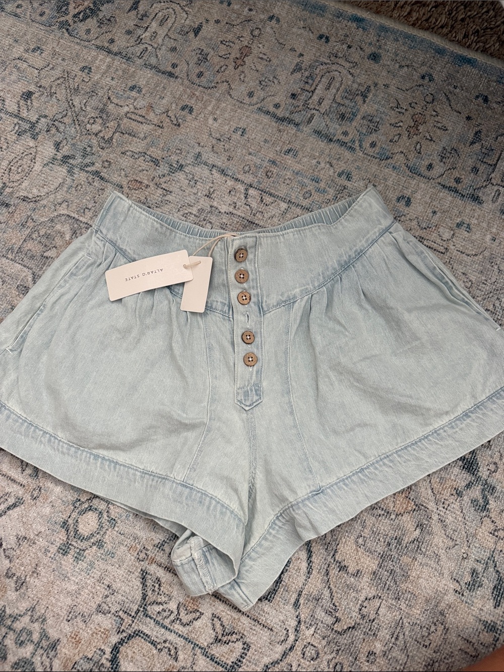 Altar'd State Pale Blue High-Waist Button-Front Denim Shorts - missing one butto